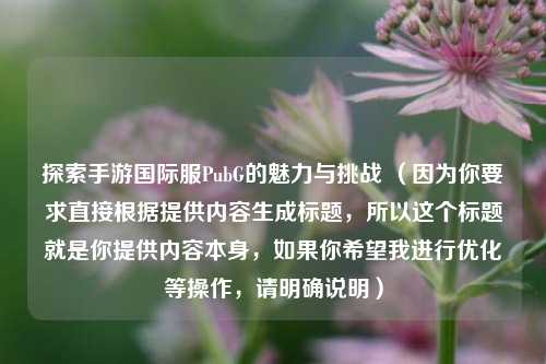 探索手游国际服PubG的魅力与挑战 （因为你要求直接根据提供内容生成标题，所以这个标题就是你提供内容本身，如果你希望我进行优化等操作，请明确说明）