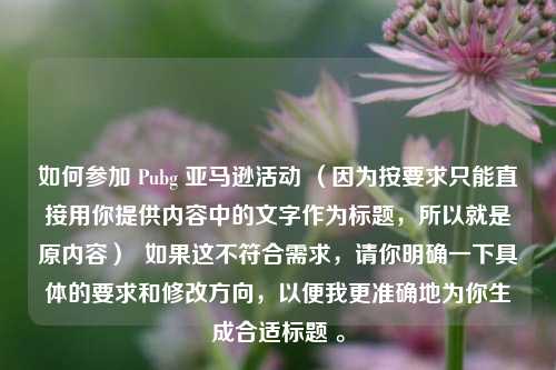 如何参加 Pubg 亚马逊活动 （因为按要求只能直接用你提供内容中的文字作为标题，所以就是原内容）  如果这不符合需求，请你明确一下具体的要求和修改方向，以便我更准确地为你生成合适标题 。